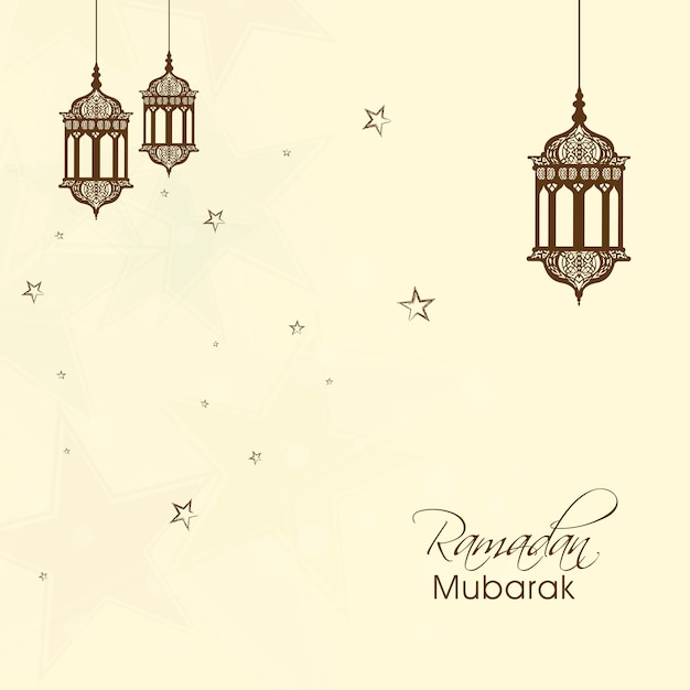 Cartão Ramadan Mubarak decorado com lanternas penduradas e estrelas no fundo bege