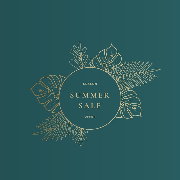 Cartão redondo de venda de verão com folhas tropicais de monstera ou modelo de banner