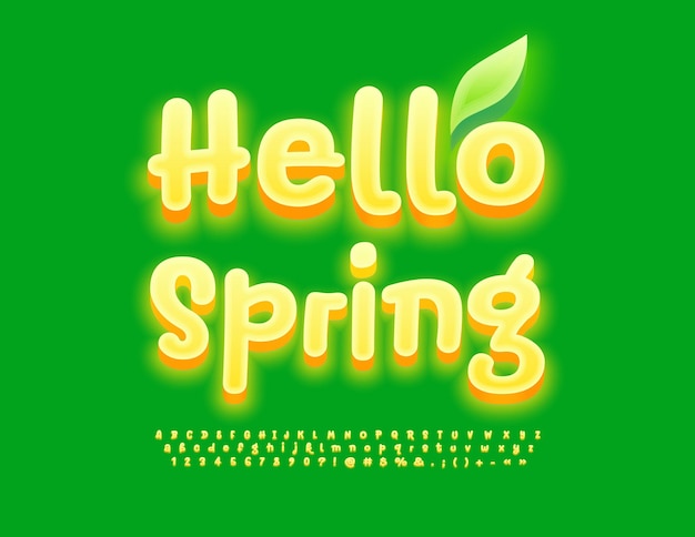 Cartão sazonal vetorial olá primavera com folha decorativa gelo brilhante letras e números do alfabeto