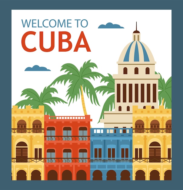 Cartão turístico de Cuba ou banner para ilustração vetorial plana da indústria de viagens