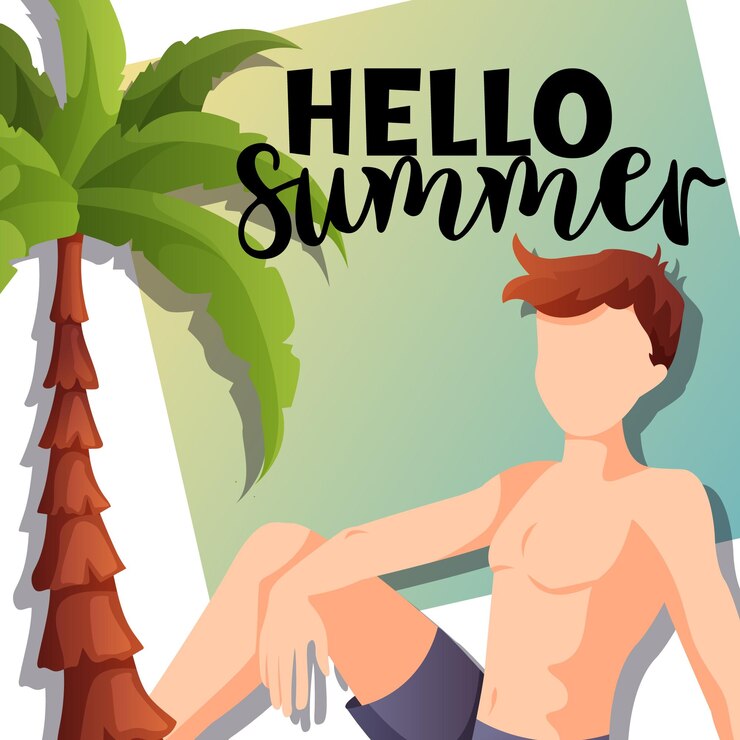 Vetor cartão vetorial de verão com homem e palmeira