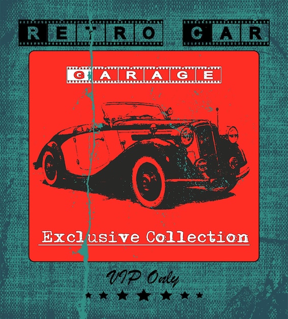 Cartão vintage de garagem de carro retrô em estilo grunge ilustração vetorial textura de aflição