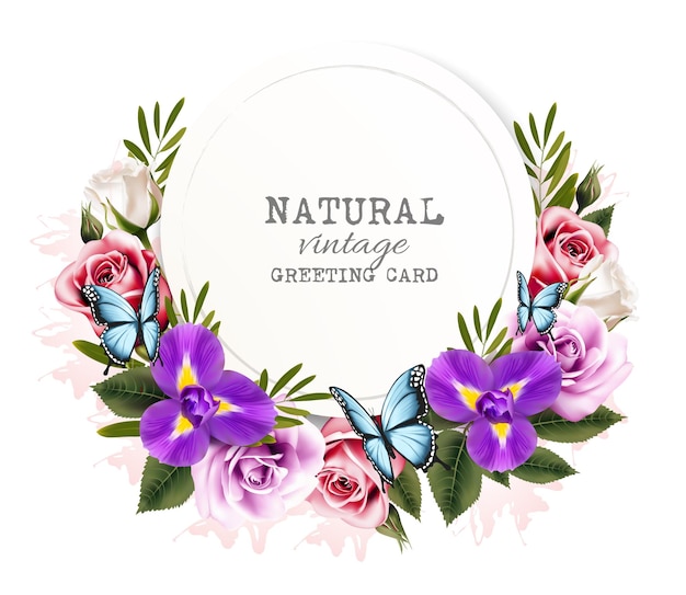 Vetor cartão vintage natural com lindas flores coloridas e vetor de borboletas