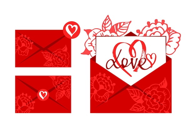 Cartas de amor com envelope. envelope na cor vermelha para mensagens de amor, amizade. vetor.