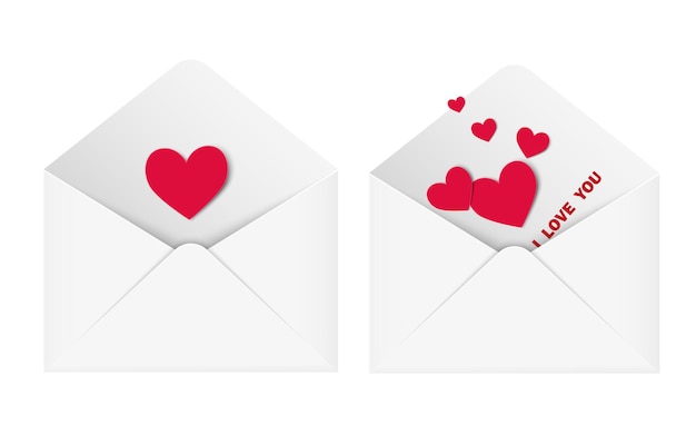 Cartas de amor, envelopes com corações vermelhos, cartão postal de São Valentim.