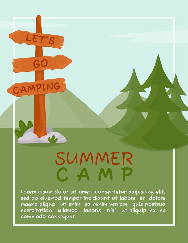 Vetor cartaz a4 para viagem de acampamento de verão caminhadas turísticas natureza piquenique