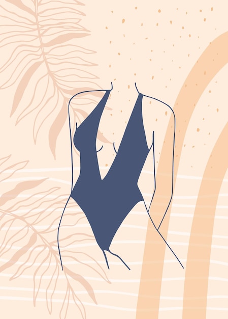 Cartaz abstrato com mulher de maiô Corpo feminino em lingerie no estilo boho minimalista