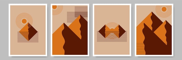 Cartaz abstrato da montanha laranja paisagem colorida plana boho geométrico design de cor neutra