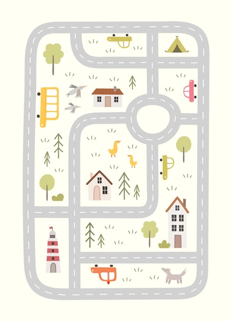 Cartaz bonito da cidade com mapa de estradas. casas, carros, animais, natureza. paisagem urbana