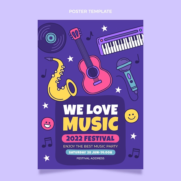 Cartaz colorido desenhado à mão do festival de música