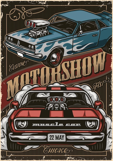 Cartaz colorido do vintage do motorshow de carros personalizados