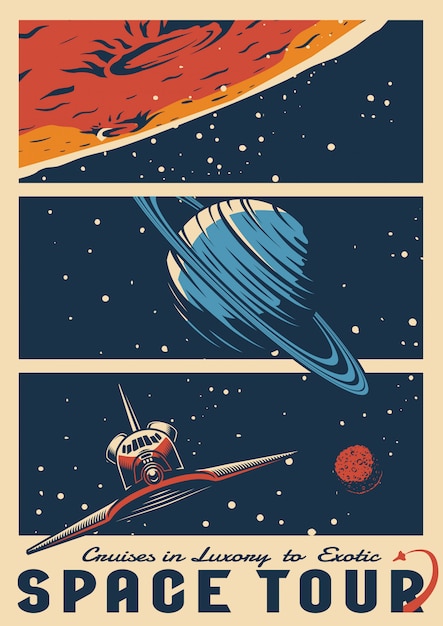 Cartaz colorido vintage de viagem cósmica