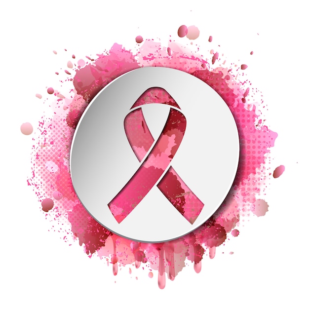 Cartaz com distintivo de fita rosa no borrão rosa colorido com gotas, manchas, manchas, salpicos no estilo grunge. símbolo da conscientização do câncer de mama e apoio social. eps10.