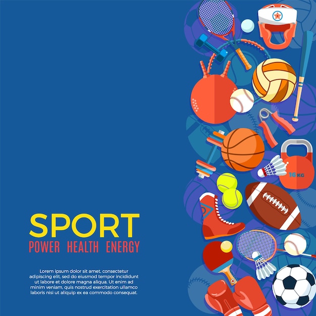 Cartaz com equipamentos de esporte e jogos ilustração vetorial de ferramentas e elementos de estilo de vida saudável