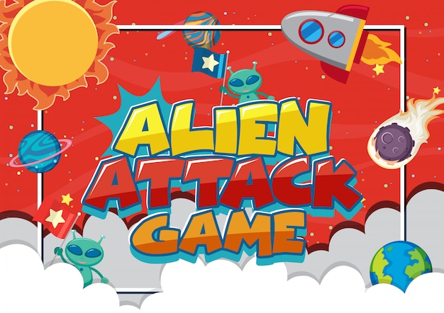 Cartaz com jogo de ataque alienígena com nave espacial e muitos planetas