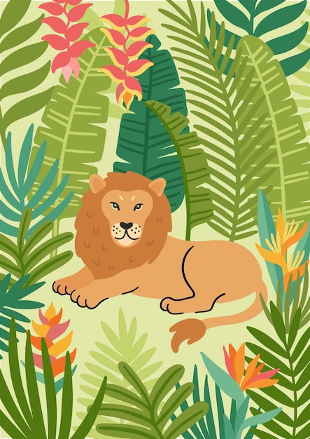 Cartaz com leão e plantas tropicais exóticas