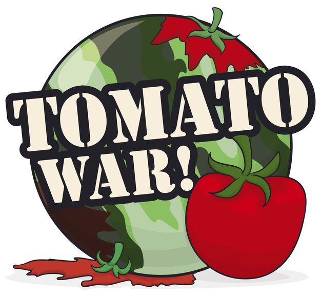 Cartaz com um botão redondo camuflado com alguns tomates para celebrar uma divertida guerra do tomate