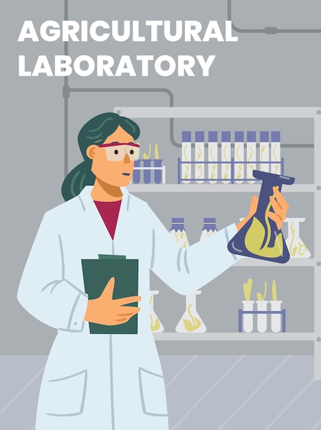 Cartaz com uma cientista fazendo experimentos com plantas no laboratório de ciências