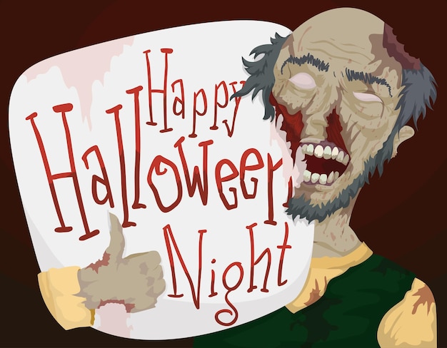 Vetor cartaz com zumbi masculino idoso com o polegar para cima e segurando uma placa de saudação para a noite de halloween