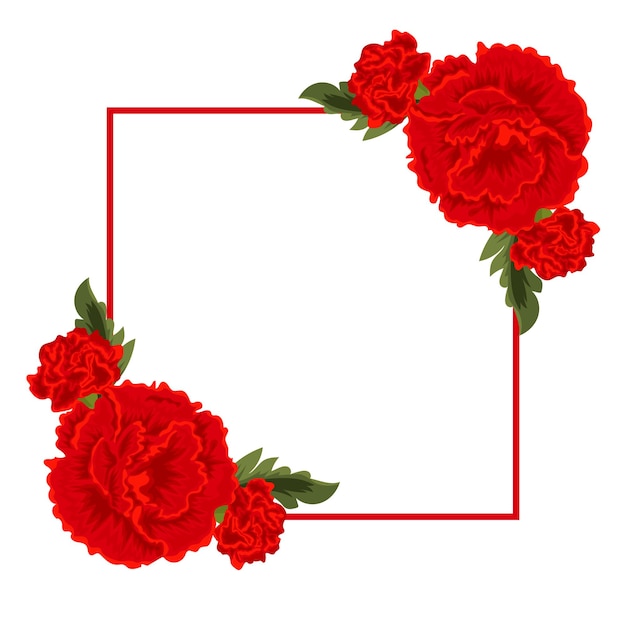 Cartaz conceitual festivo com uma moldura quadrada no meio com cravos vermelhos abertos em ambos os lados