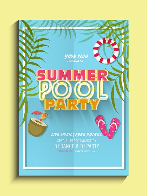 Cartaz da festa da piscina de verão com licença e tubo.