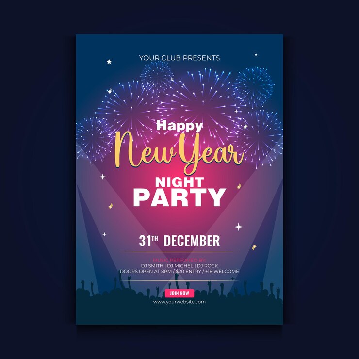 Cartaz da festa de ano novo Folheto de festa de ano novo modelo de cartão de festa à noite