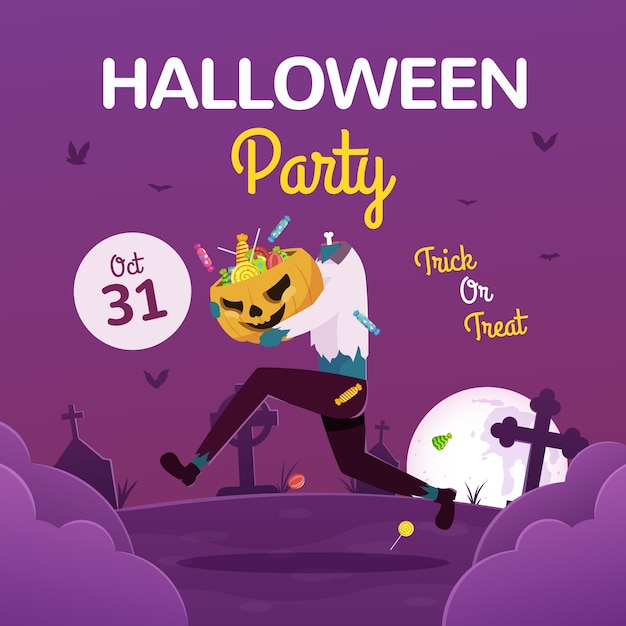 Cartaz da festa de halloween com zumbi segurando uma abóbora cheia de doces