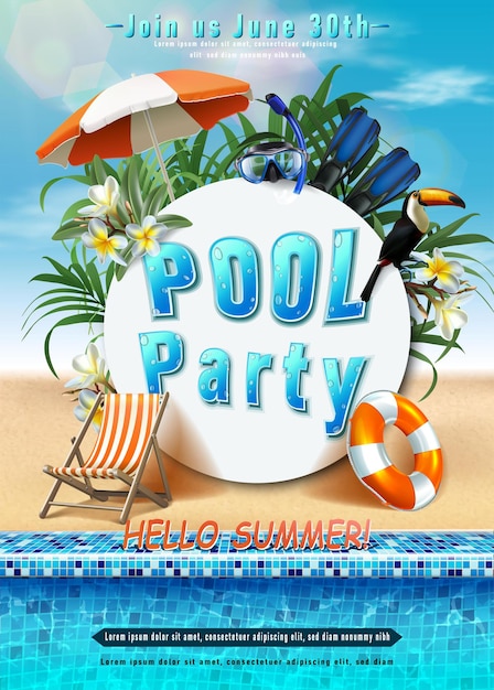 Cartaz da festa de verão festa na piscina com aro inflável orientação vertical