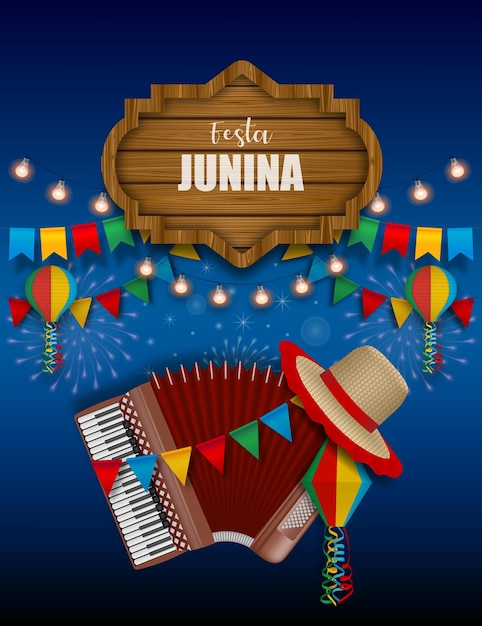 Cartaz da festa junina fundo do festival de junho brasileiro com flâmulas coloridas e acordeão