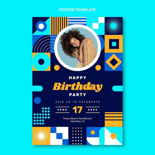 Cartaz de aniversário em mosaico de design plano