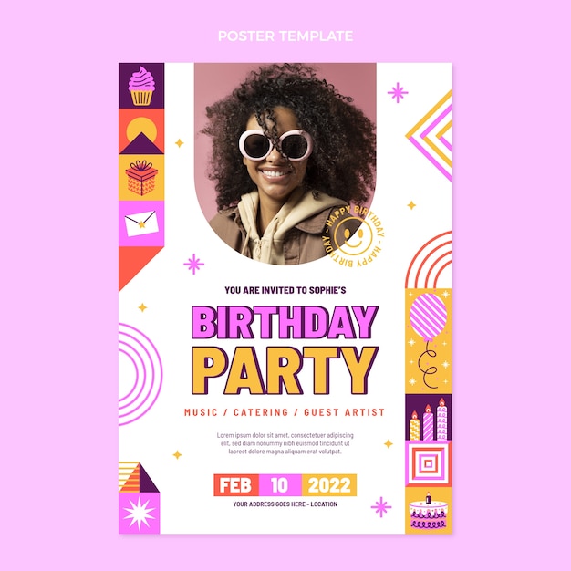 Cartaz de aniversário em mosaico de design plano