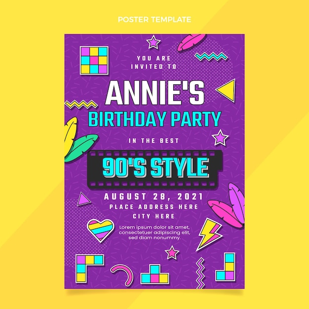 Cartaz de aniversário nostálgico dos anos 90 em design plano