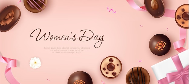 Cartaz de anúncios de chocolate realista com texto ornamentado editável e imagens de doces com ilustração vetorial de caixa de fita