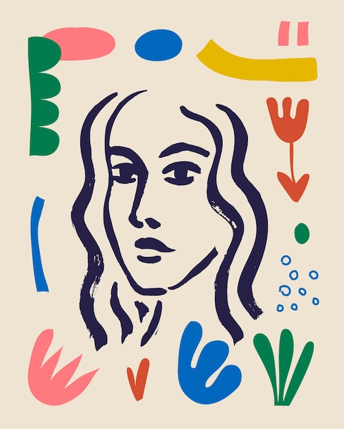 Cartaz de arte de mulher vetorial matisse inspirado retrato contemporâneo desenhado à mão para impressão de arte de parede decoração estilo retrô formas abstratas de colagem