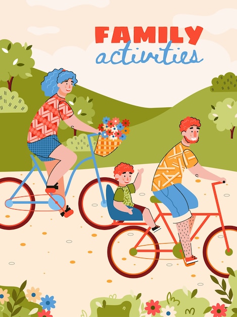 Cartaz de atividades familiares com ilustração de desenho animado em família andando de bicicleta