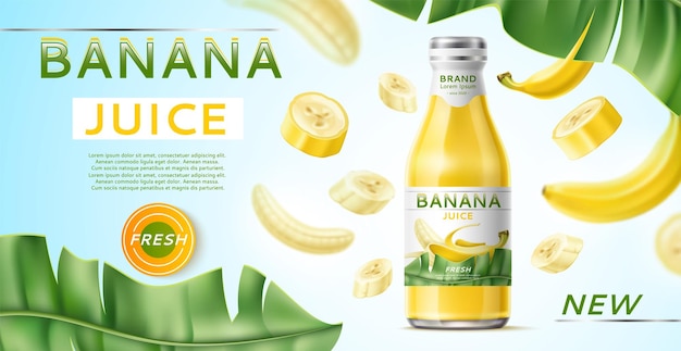 Cartaz de banana realista frasco de vidro de banner de publicidade de suco de fruta com texto de marca de bebida doce saborosa bebida tropical inteira e folhas de palma de alimentos crus cortadas no conceito de vetor de fundo