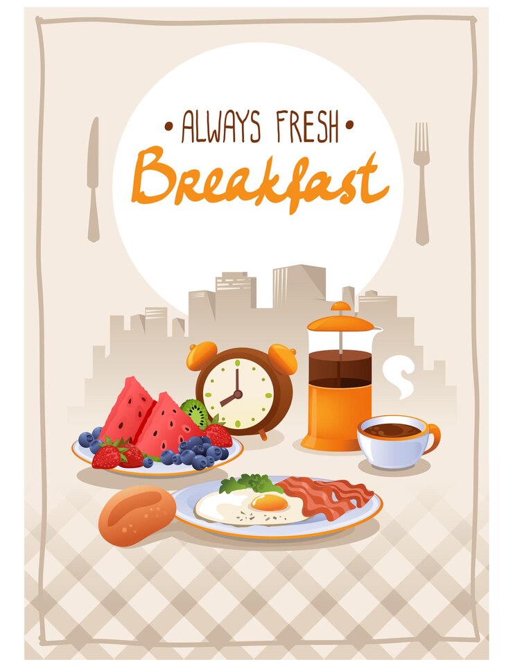 Vetor cartaz de café da manhã com frutas e café