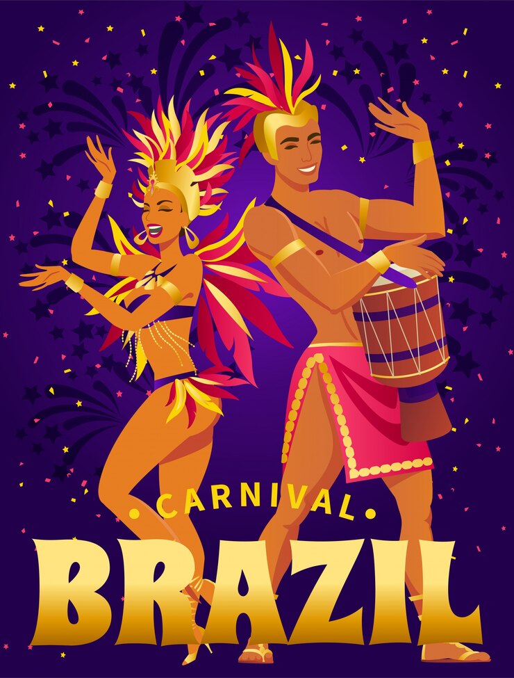 Cartaz de carnaval do Brasil mulher e samba de dança do homem brasileiro