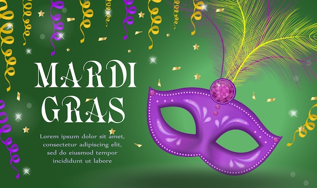 Cartaz de carnaval mardi gras, convite, cartão de felicitações. mardi gras template feliz para o seu com penas de máscara. feriado em nova orleans. terça-feira gorda fundo. ilustração.