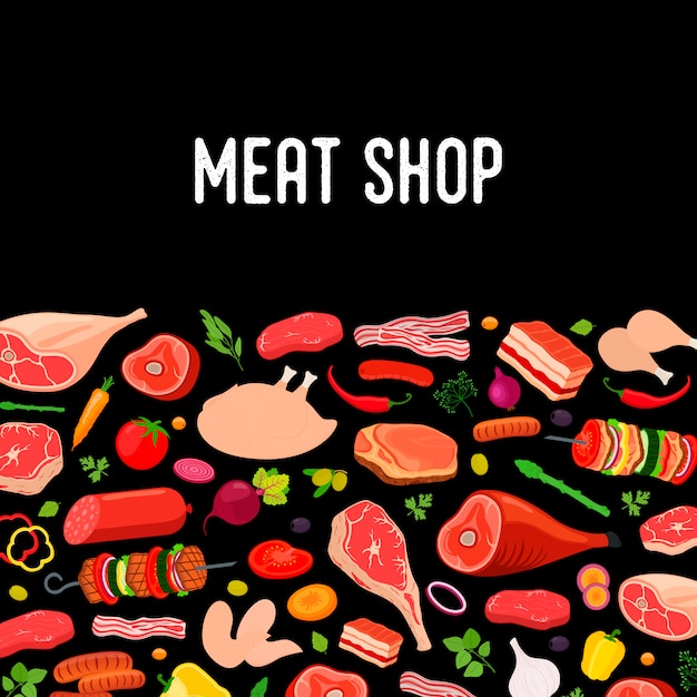Cartaz de carne, banner com produtos agrícolas, estilo cartoon