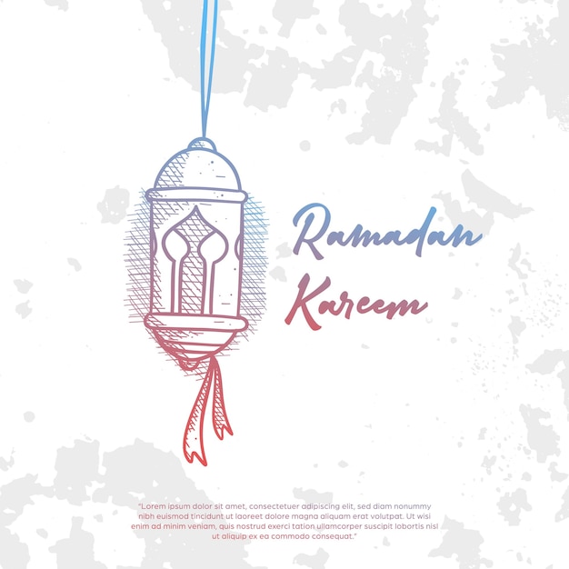 Cartaz de cartão de saudação Ramadhan kareem com estilo de desenho de lâmpada de lanterna