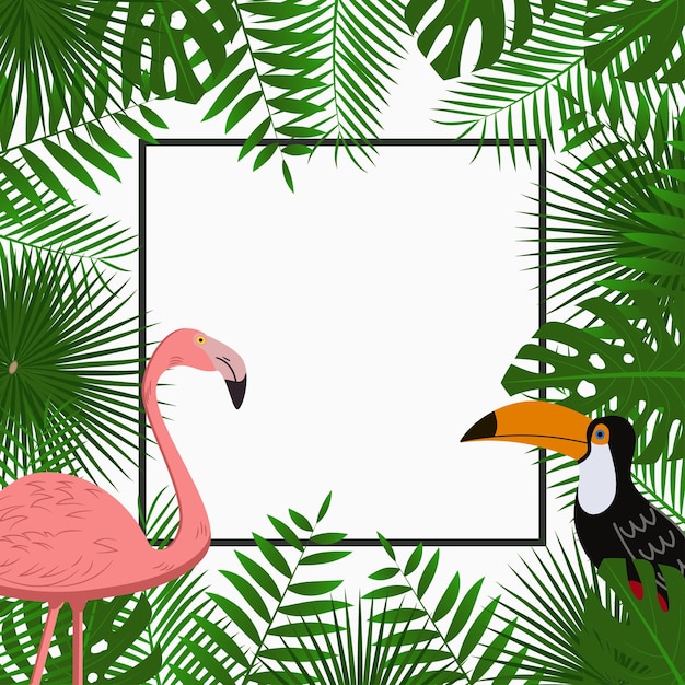 Cartaz de cartão tropical ou modelo de banner com folhas de palmeira da selva flamingo rosa e tucano
