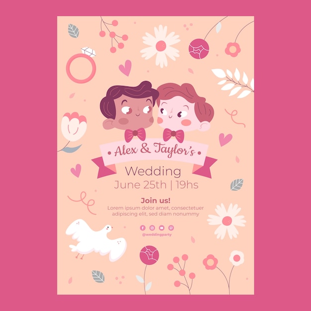 Vetor cartaz de casamento floral design plano