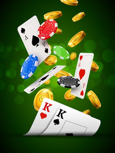 Cartaz de cassino de fichas de pôquer verde. cartão de jogo e fundo de casino real de vencedor de sucesso de moedas.