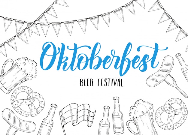 Cartaz de celebração da oktoberfest com copo de cerveja de doodle desenhado à mão