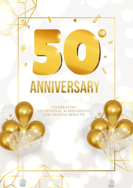 Cartaz de comemoração de aniversário com data dourada e balões 50