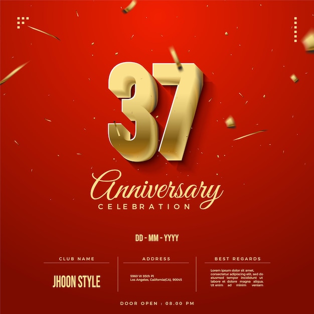 Cartaz de comemoração do 37º aniversário em fundo vermelho.