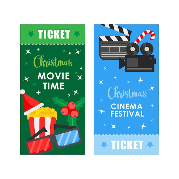 Cartaz de conceito de cinema de natal ou modelo de ingresso com pipoca e equipamento