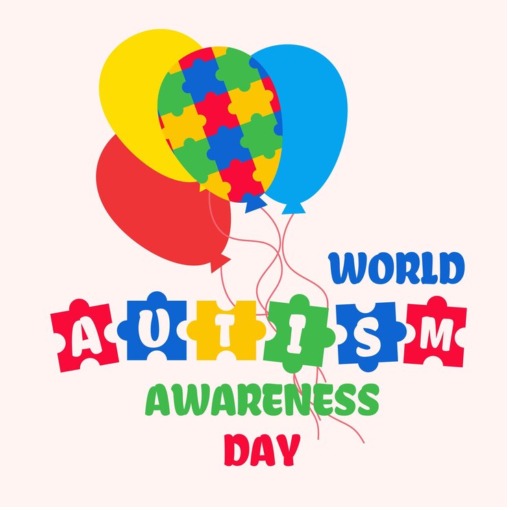 Vetor cartaz de conscientização do dia mundial do autismo com um balão colorido feito de peças de quebra-cabeça voando para longe da linha de balões vermelhos destacando-se na multidão ilustração em vetor