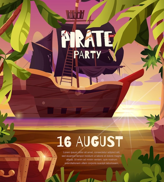 Cartaz de convite de festa de piratas vela de navio pirata com bandeiras negras no mar